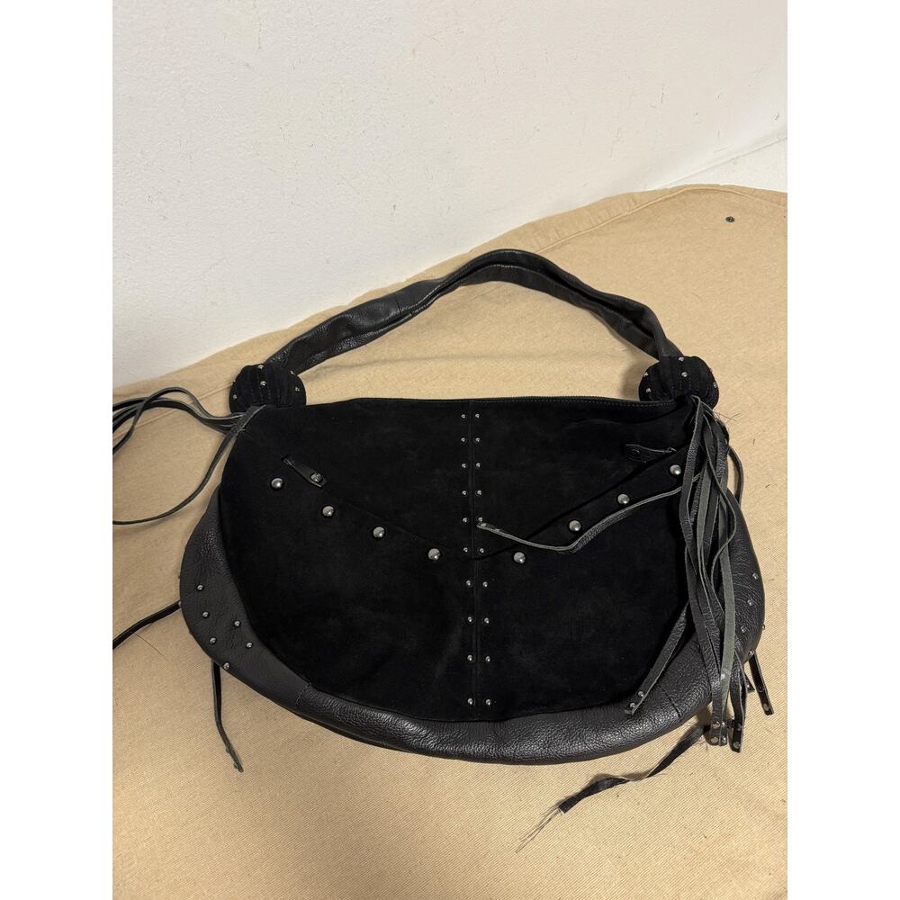 Queen Collection Shoulder Bag Womens Black Suede Leather Hobo Studded Fringe